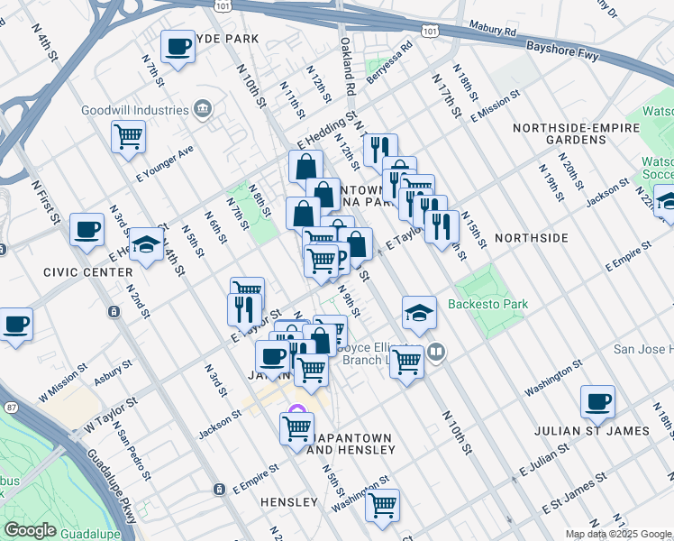 map of restaurants, bars, coffee shops, grocery stores, and more near 692 North 9th Street in San Jose