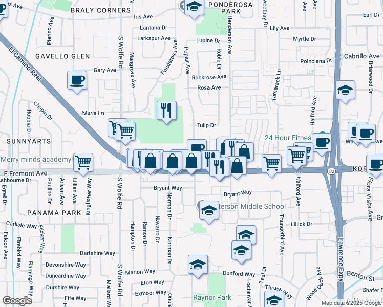 map of restaurants, bars, coffee shops, grocery stores, and more near 979 Wisteria Terrace in Sunnyvale