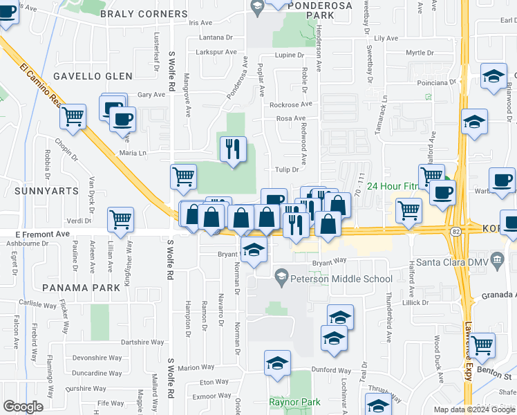 map of restaurants, bars, coffee shops, grocery stores, and more near 979 Wisteria Terrace in Sunnyvale