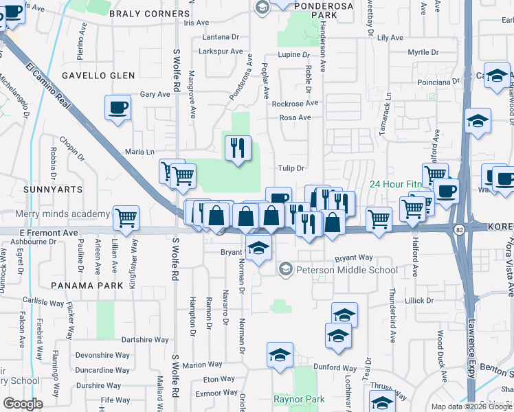 map of restaurants, bars, coffee shops, grocery stores, and more near 979 Wisteria Terrace in Sunnyvale