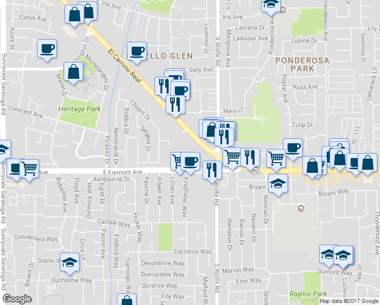 map of restaurants, bars, coffee shops, grocery stores, and more near 808 Kingfisher Terrace in Sunnyvale