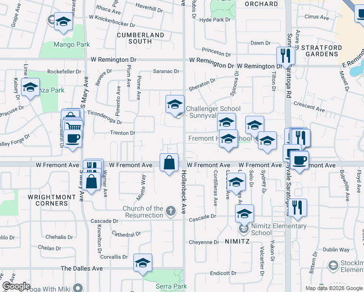 map of restaurants, bars, coffee shops, grocery stores, and more near 1235 Hollenbeck Avenue in Sunnyvale