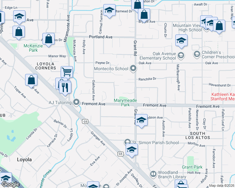 map of restaurants, bars, coffee shops, grocery stores, and more near 1247 Lisa Lane in Los Altos