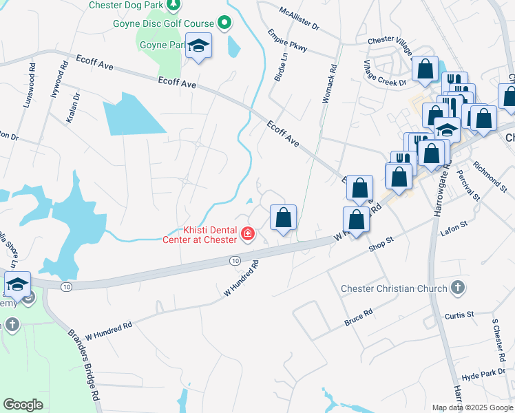 map of restaurants, bars, coffee shops, grocery stores, and more near 5301 Grand Oaks Forest Circle in Chester