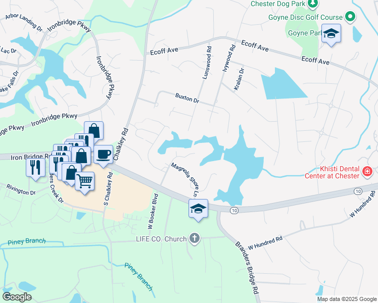 map of restaurants, bars, coffee shops, grocery stores, and more near 12108 Blossom Point Road in Chester