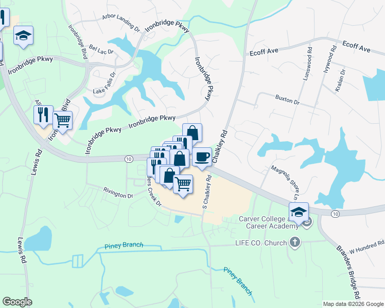 map of restaurants, bars, coffee shops, grocery stores, and more near 12021 Iron Bridge Road in Chester