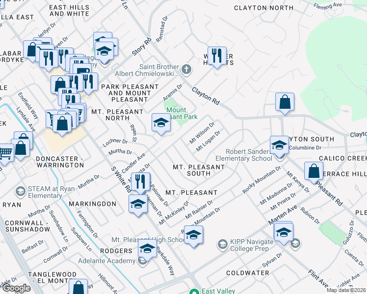 map of restaurants, bars, coffee shops, grocery stores, and more near 1441 Mount Lassen Drive in San Jose