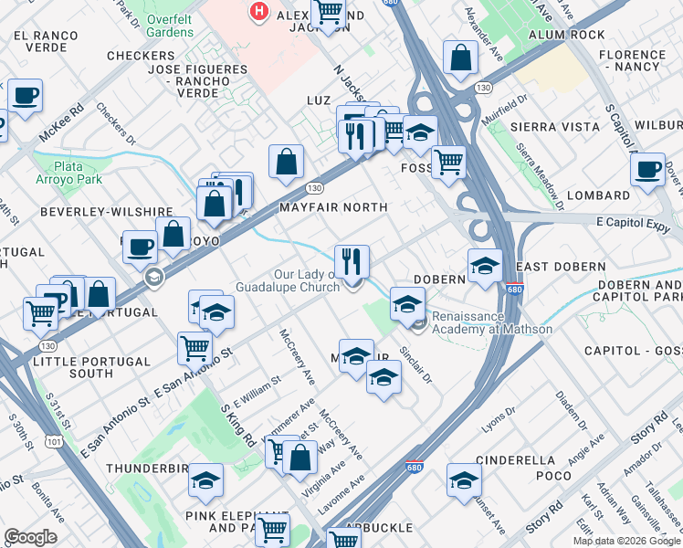 map of restaurants, bars, coffee shops, grocery stores, and more near 2071 Sunset View Place in San Jose