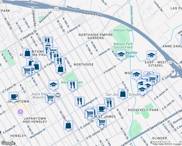 map of restaurants, bars, coffee shops, grocery stores, and more near 522 North 17th Street in San Jose