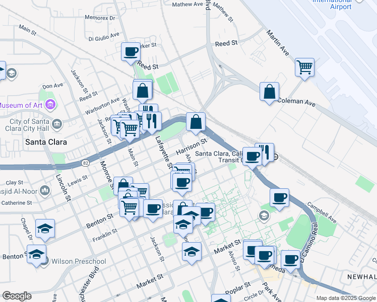 map of restaurants, bars, coffee shops, grocery stores, and more near 770 Harrison Street in Santa Clara
