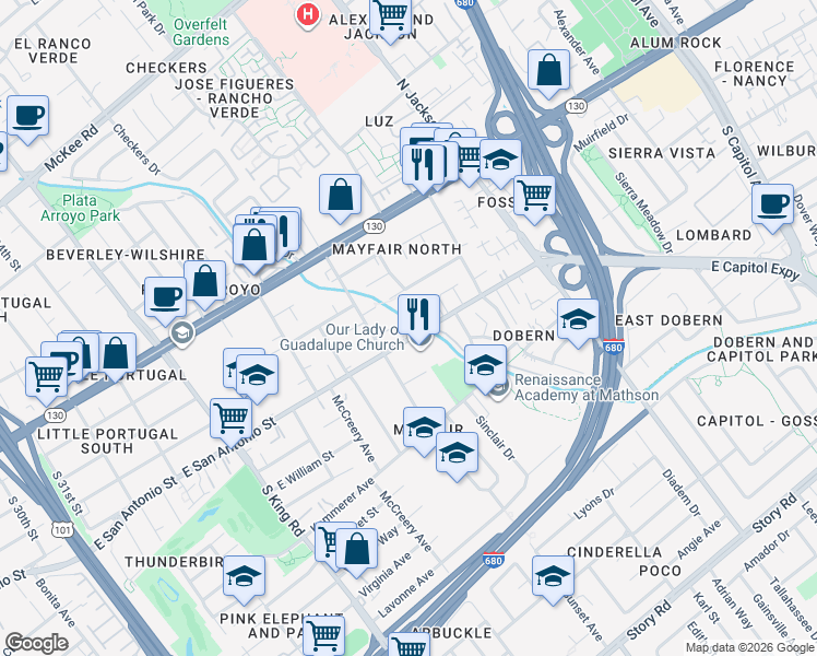 map of restaurants, bars, coffee shops, grocery stores, and more near 2071 Sunset View Place in San Jose