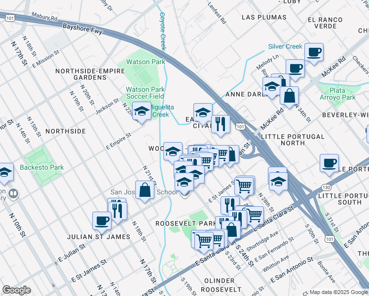 map of restaurants, bars, coffee shops, grocery stores, and more near 445 North 26th Street in San Jose