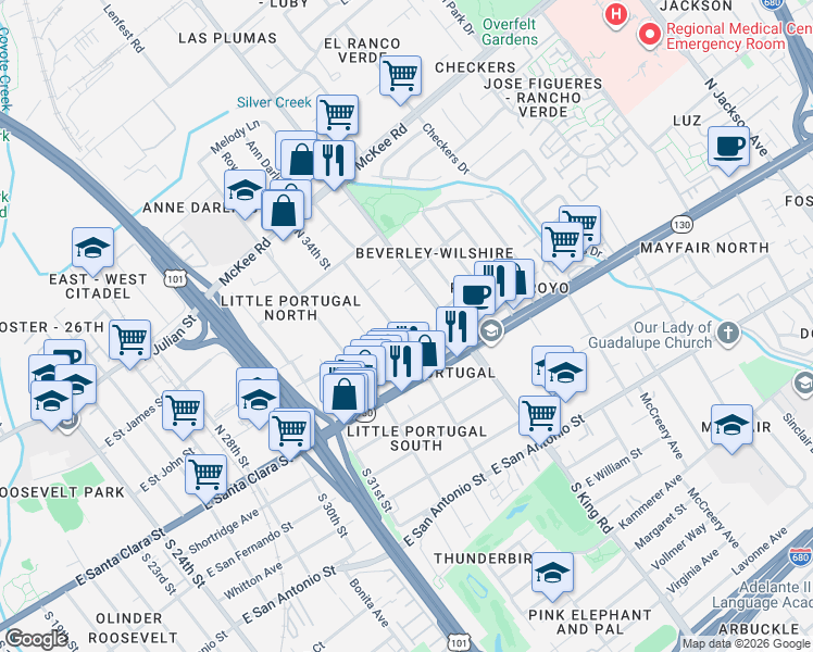 map of restaurants, bars, coffee shops, grocery stores, and more near 58 North 34th Street in San Jose