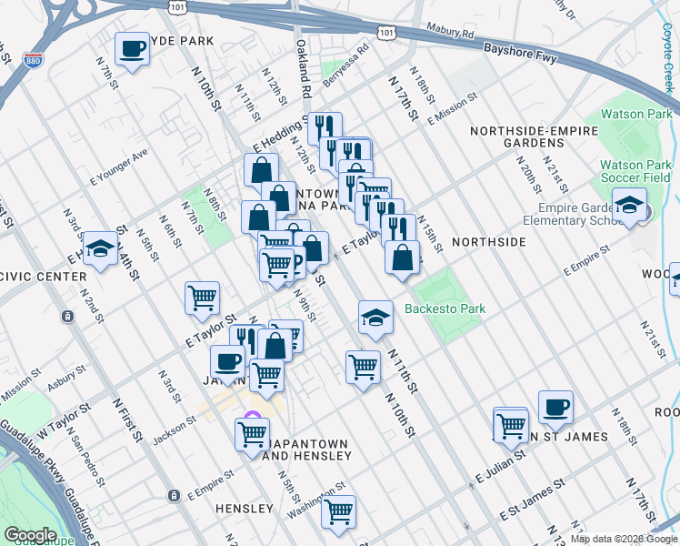 map of restaurants, bars, coffee shops, grocery stores, and more near 683 North 11th Street in San Jose