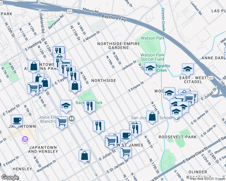 map of restaurants, bars, coffee shops, grocery stores, and more near 522 North 17th Street in San Jose