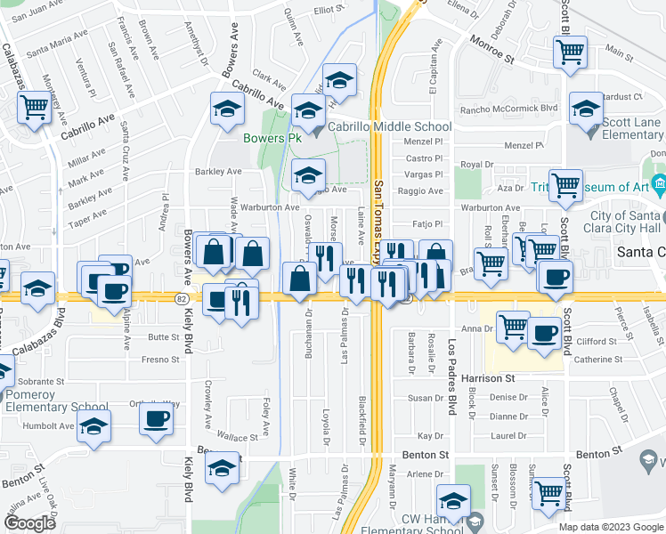 map of restaurants, bars, coffee shops, grocery stores, and more near 1620 Morse Lane in Santa Clara