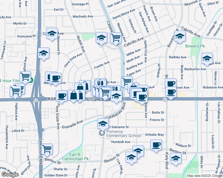 map of restaurants, bars, coffee shops, grocery stores, and more near 3245 El Camino Real in Santa Clara