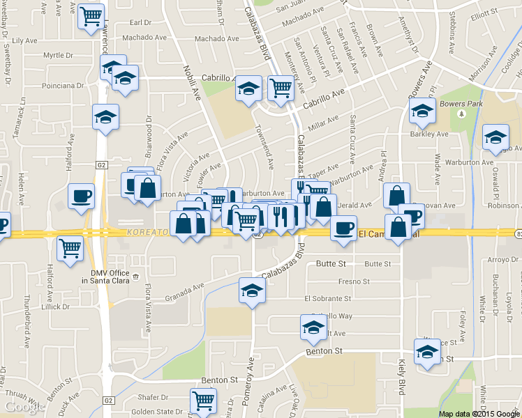map of restaurants, bars, coffee shops, grocery stores, and more near 3245 El Camino Real in Santa Clara