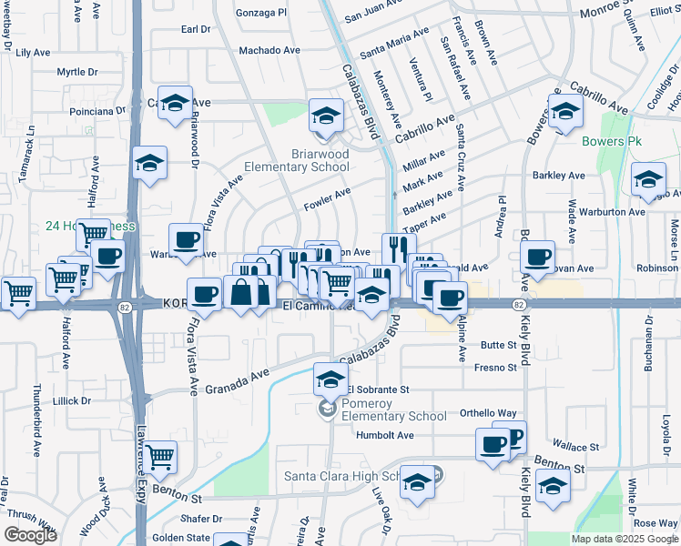 map of restaurants, bars, coffee shops, grocery stores, and more near 1655 Pomeroy Avenue in Santa Clara