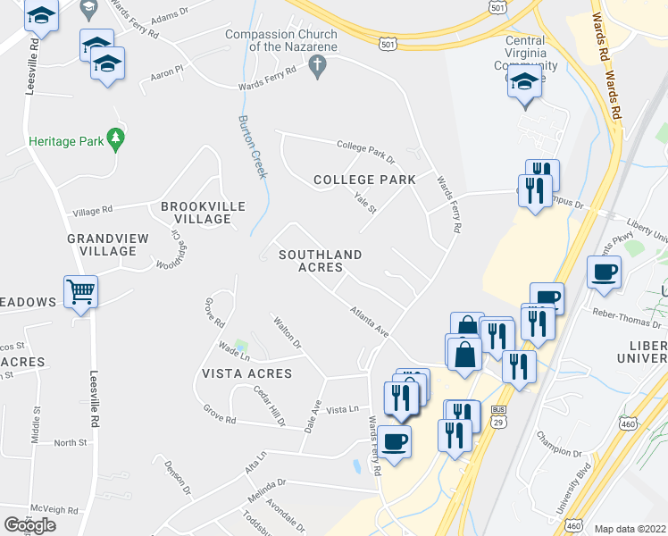 map of restaurants, bars, coffee shops, grocery stores, and more near 505 Savannah Avenue in Lynchburg