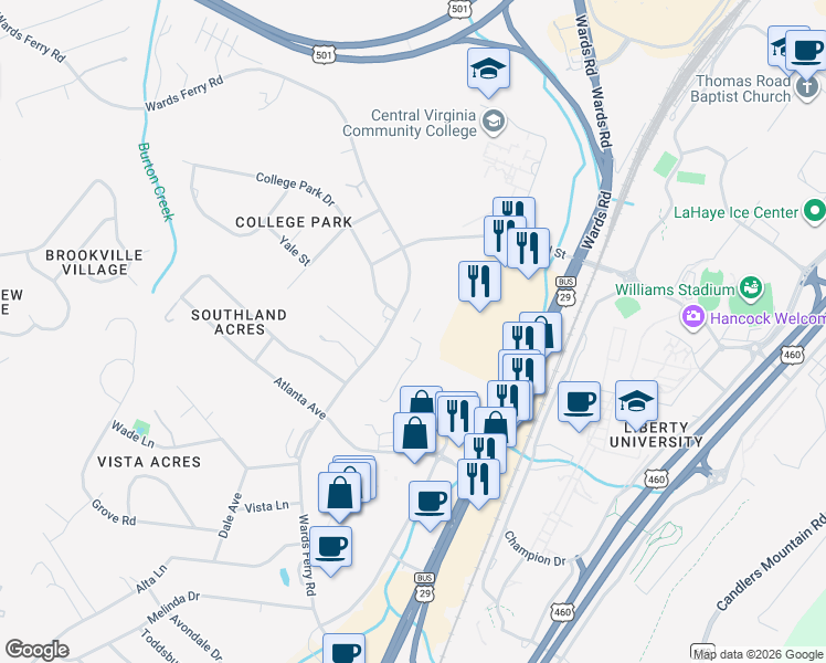 map of restaurants, bars, coffee shops, grocery stores, and more near 1400 Wards Ferry Road in Lynchburg