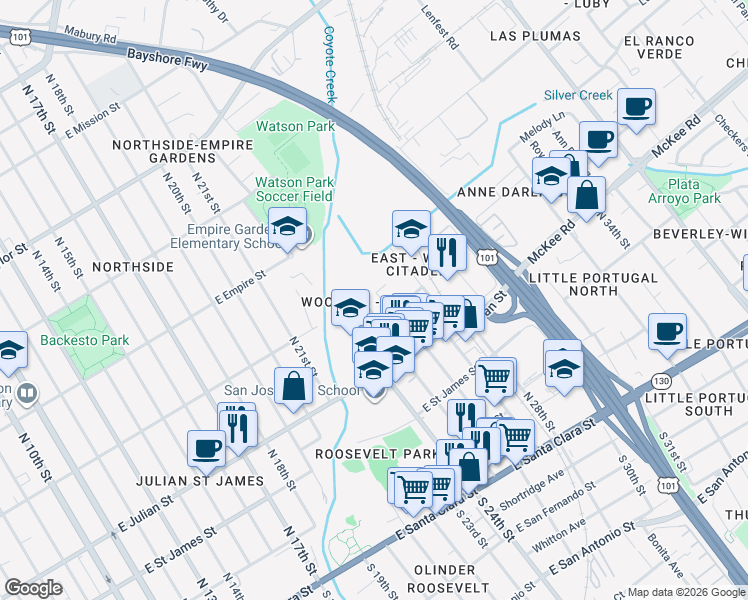 map of restaurants, bars, coffee shops, grocery stores, and more near 445 North 26th Street in San Jose