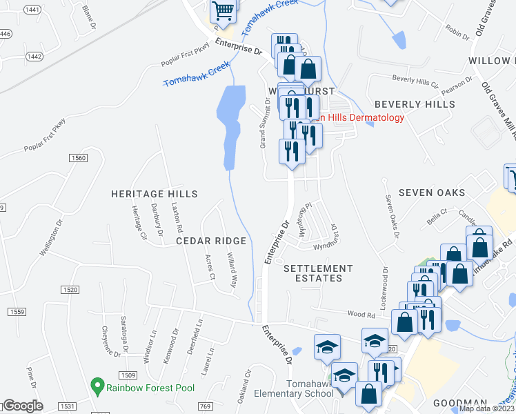 map of restaurants, bars, coffee shops, grocery stores, and more near 1280 Enterprise Drive in Lynchburg