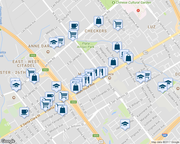 map of restaurants, bars, coffee shops, grocery stores, and more near 58 North 34th Street in San Jose