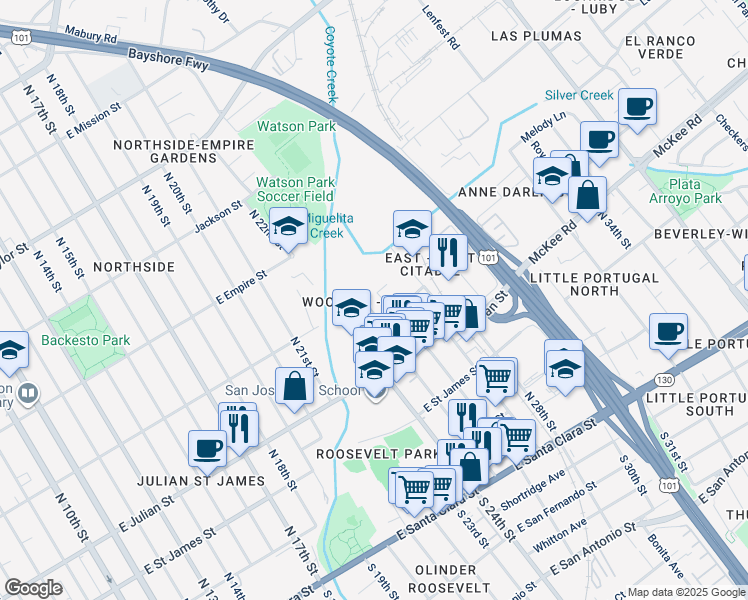 map of restaurants, bars, coffee shops, grocery stores, and more near 450 Coyote Creek Circle in San Jose