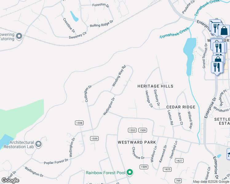 map of restaurants, bars, coffee shops, grocery stores, and more near 19 Wellington Drive in Lynchburg