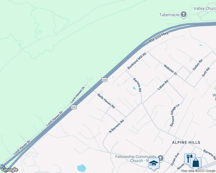 map of restaurants, bars, coffee shops, grocery stores, and more near 5860 Buckland Mill Road in Hollins