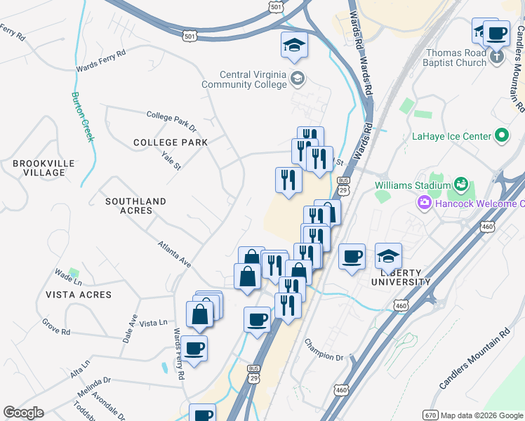 map of restaurants, bars, coffee shops, grocery stores, and more near 1400 Wards Ferry Road in Lynchburg
