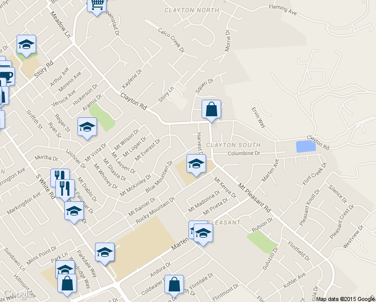 map of restaurants, bars, coffee shops, grocery stores, and more near Blue Mountain Drive & Mount Frazier Drive in San Jose