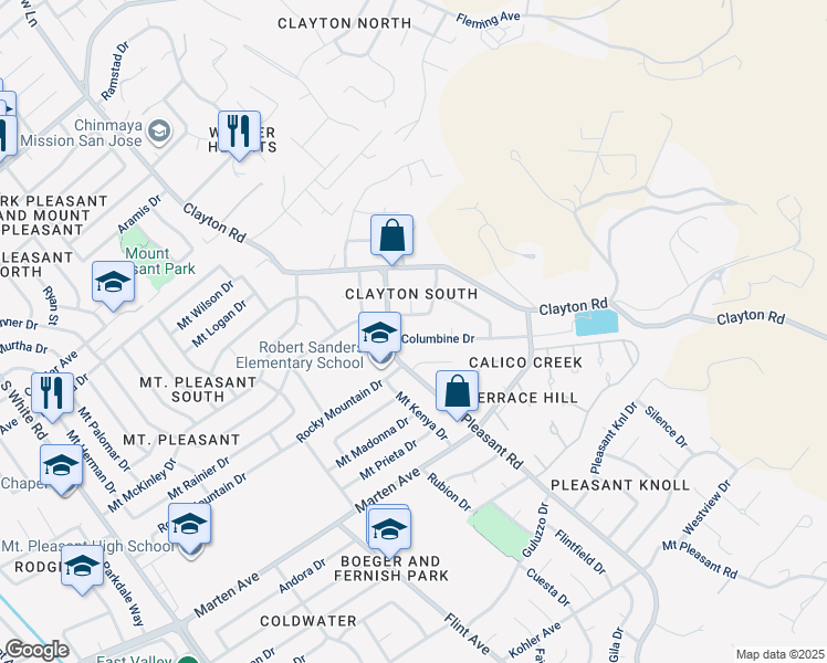 map of restaurants, bars, coffee shops, grocery stores, and more near 1630 Mount Pleasant Road in San Jose