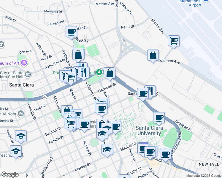map of restaurants, bars, coffee shops, grocery stores, and more near 759 Fremont Street in Santa Clara