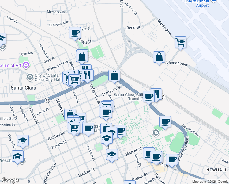 map of restaurants, bars, coffee shops, grocery stores, and more near 759 Fremont Street in Santa Clara