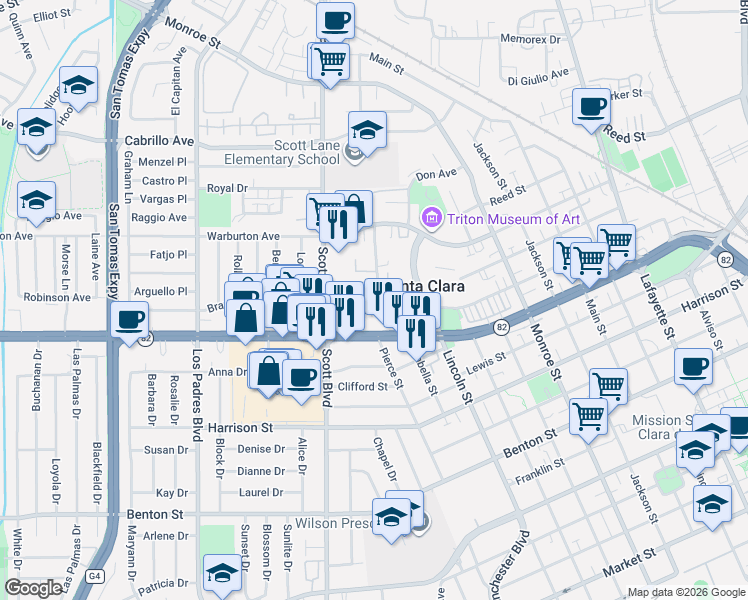 map of restaurants, bars, coffee shops, grocery stores, and more near 1810 Hillebrant Place in Santa Clara