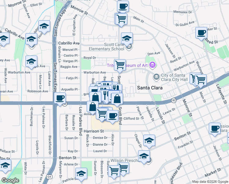 map of restaurants, bars, coffee shops, grocery stores, and more near 2039 El Camino Real in Santa Clara