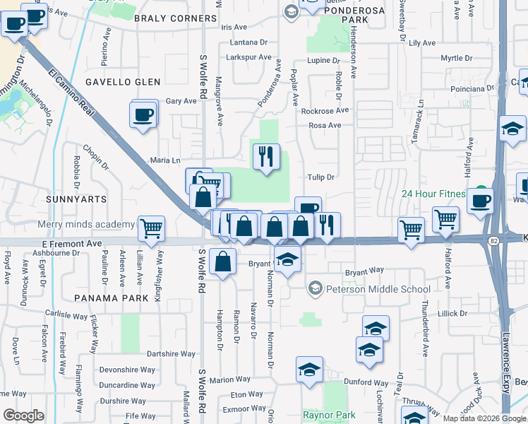 map of restaurants, bars, coffee shops, grocery stores, and more near 965 East El Camino Real in Sunnyvale