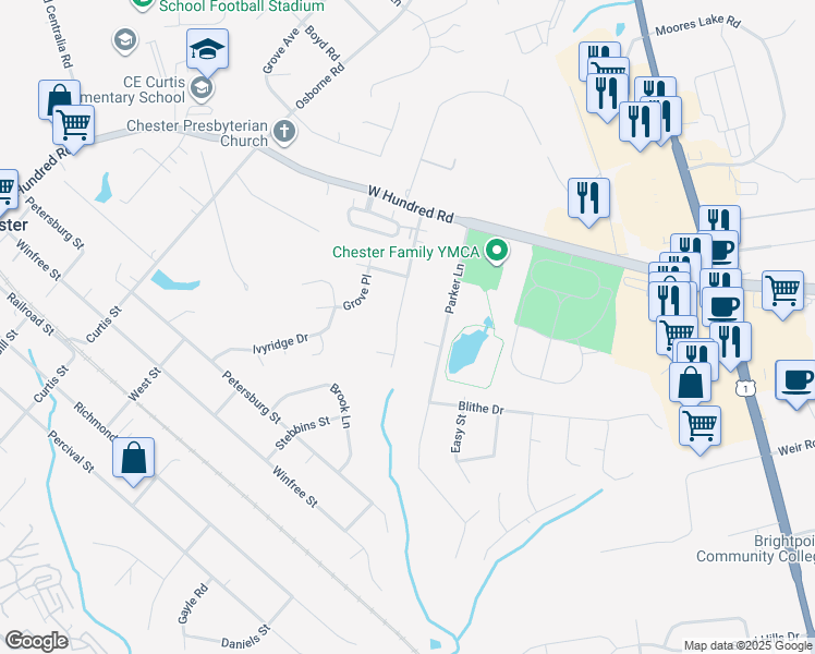 map of restaurants, bars, coffee shops, grocery stores, and more near 12365 Mason Avenue in Chester
