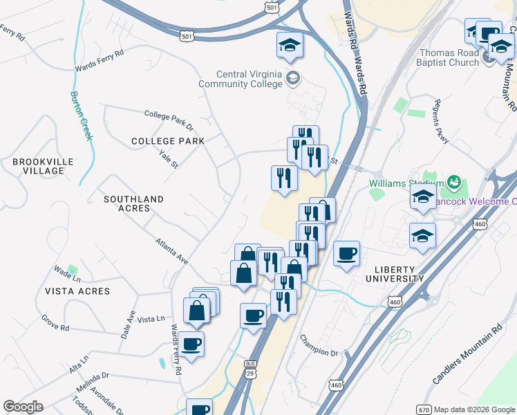 map of restaurants, bars, coffee shops, grocery stores, and more near 1400 Wards Ferry Road in Lynchburg