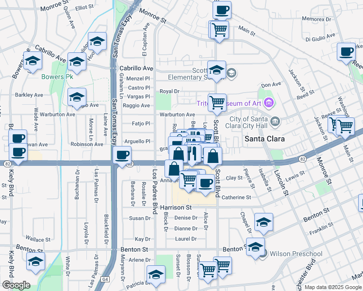 map of restaurants, bars, coffee shops, grocery stores, and more near 2165 Bray Avenue in Santa Clara