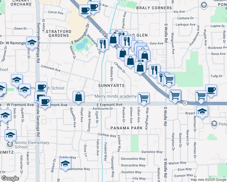 map of restaurants, bars, coffee shops, grocery stores, and more near 1236 Robbia Drive in Sunnyvale