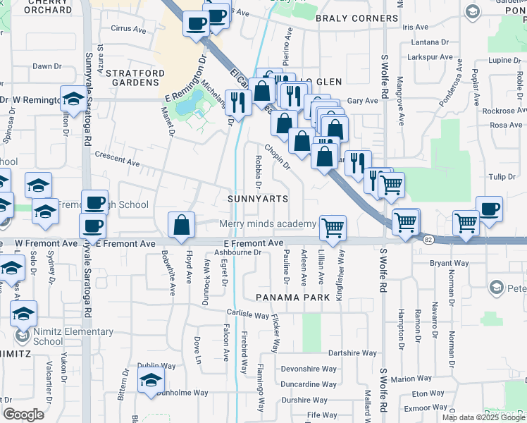 map of restaurants, bars, coffee shops, grocery stores, and more near 1236 Robbia Drive in Sunnyvale