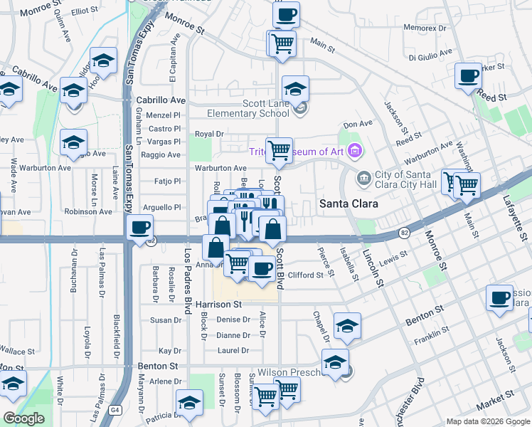 map of restaurants, bars, coffee shops, grocery stores, and more near 2039 El Camino Real in Santa Clara