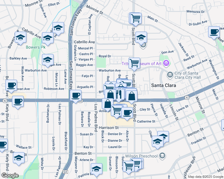 map of restaurants, bars, coffee shops, grocery stores, and more near 2165 Bray Avenue in Santa Clara