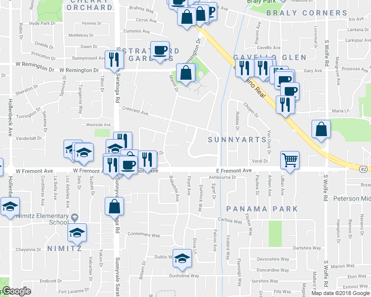 map of restaurants, bars, coffee shops, grocery stores, and more near 1249 Crescent Terrace in Sunnyvale