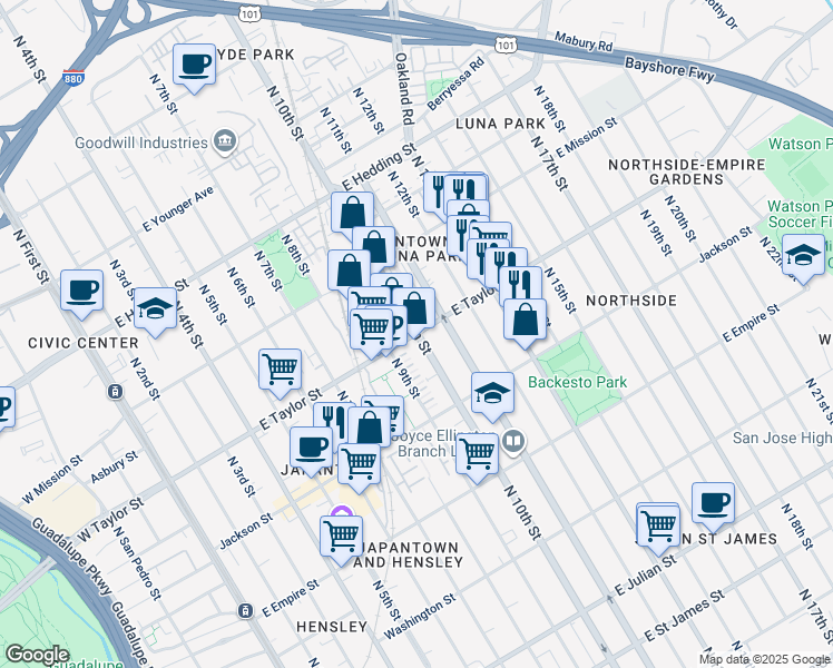 map of restaurants, bars, coffee shops, grocery stores, and more near North 10th Street in San Jose