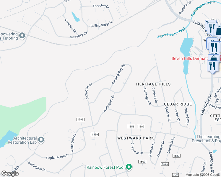 map of restaurants, bars, coffee shops, grocery stores, and more near County Road 1560 in Lynchburg