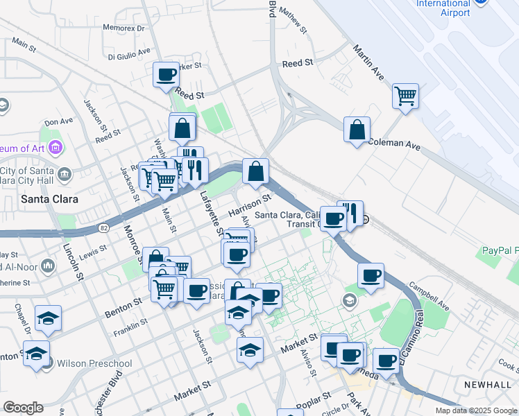 map of restaurants, bars, coffee shops, grocery stores, and more near 759 Fremont Street in Santa Clara